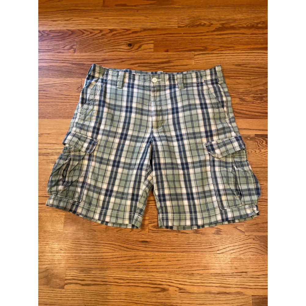 Polo Jeans Ralph Lauren Mens Cargo Shorts 36 Green Blue Plaid Cotton 10in Inseam